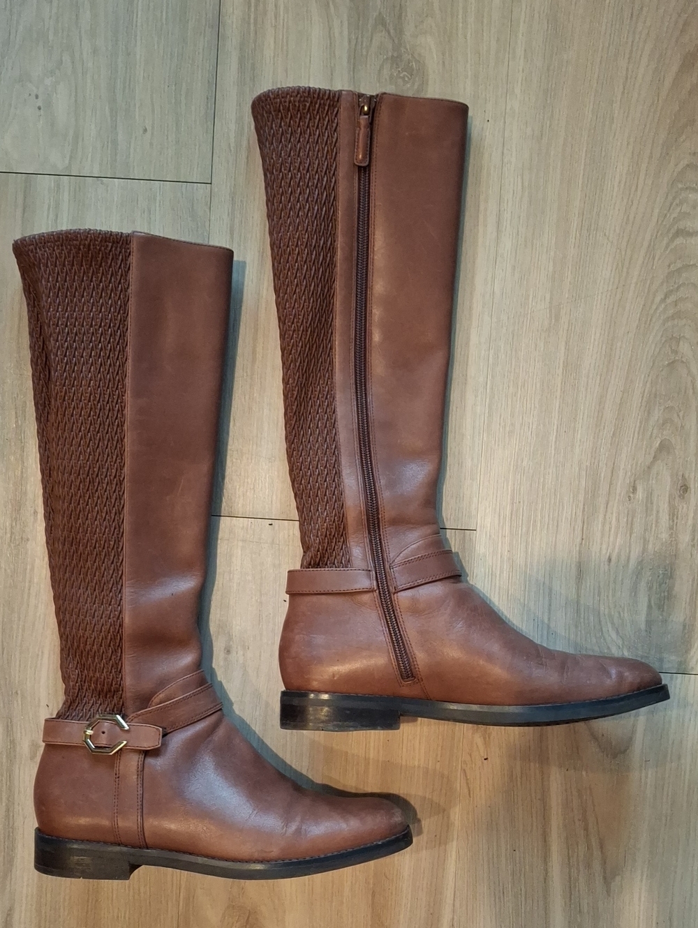 Cole Haan Brown Leather Knee-High Riding Boots with Knit Back
